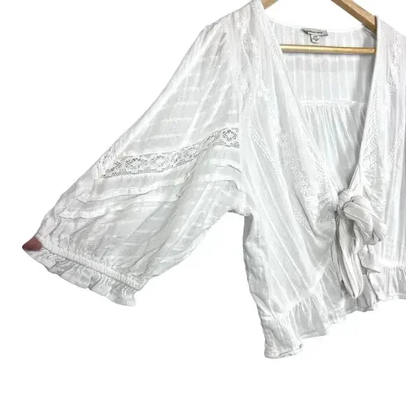 American Eagle V-Neck Gauzy Lace Tie-Front White Blouse Top BOHO L - Picture 5 of 14
